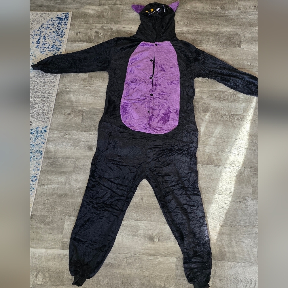 Adult Cat Costume Black and Purple Hooded Onesie